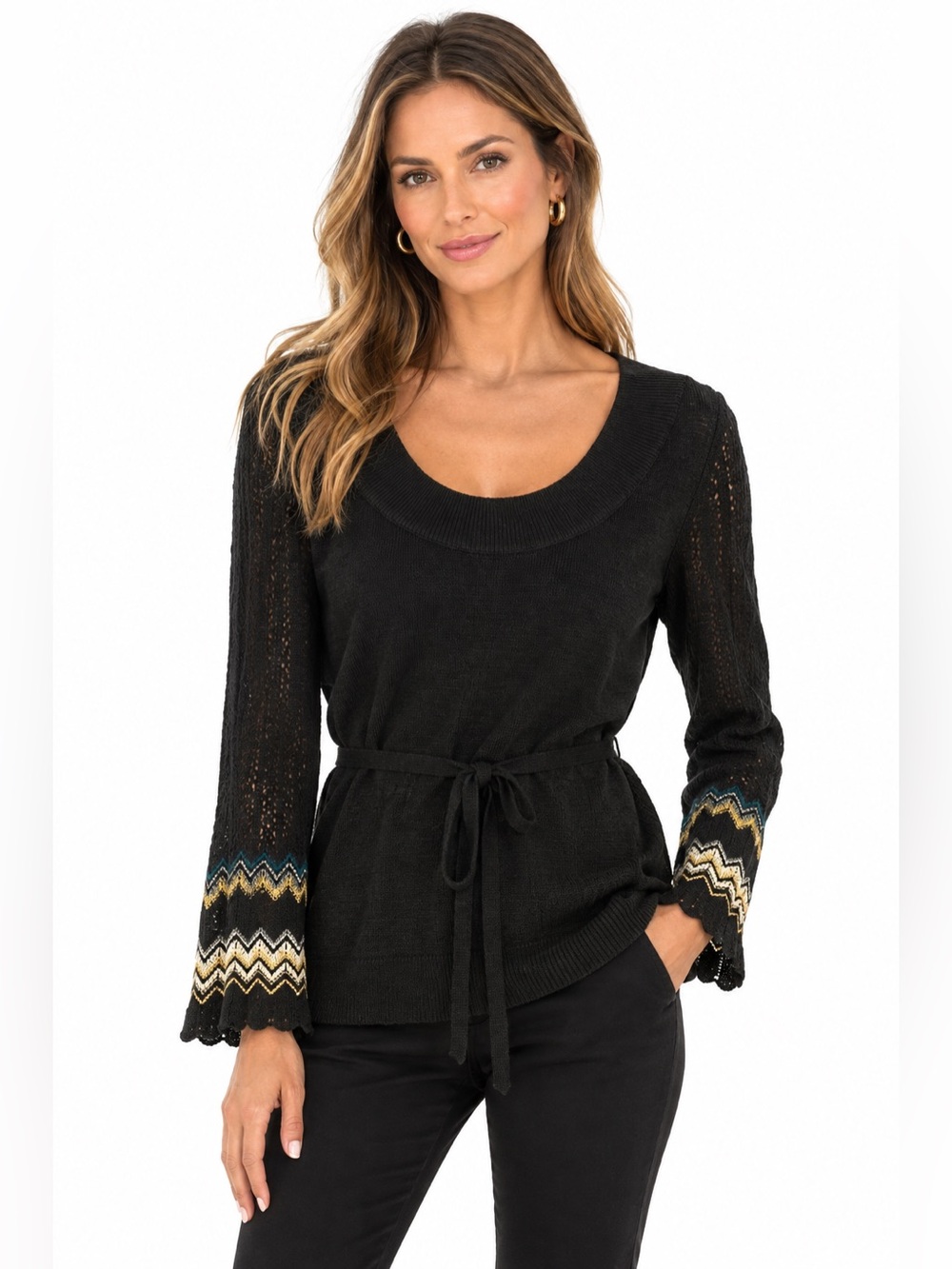 Nic + Zoe Silk Sweater Women Large Black Bell Sleeve Chevron Tie Waist Boho L